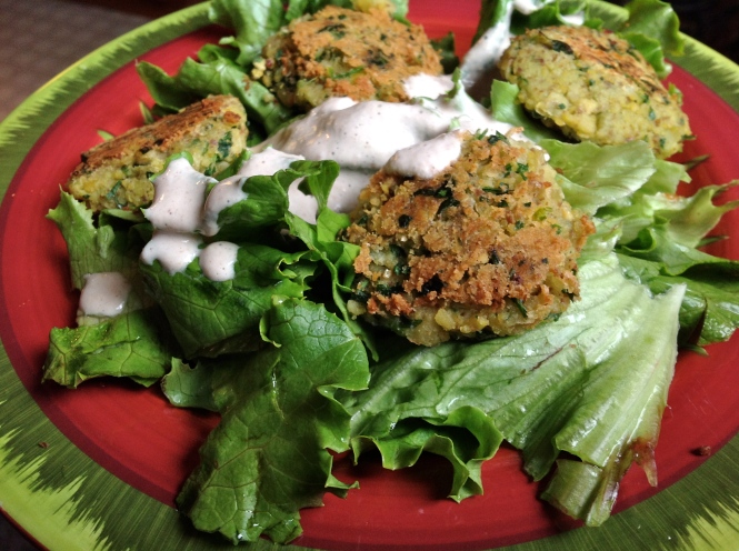 Falafel lightly sauteed in coconut oil topped with tahini sauce