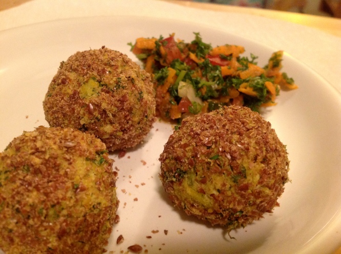 Baked Falafel (coated in flax meal) with Tabouli